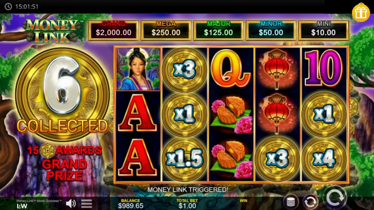 Tampilan visual slot Money Link Moon Goddess dengan tema Dewi Bulan dan taman malam yang tenang.